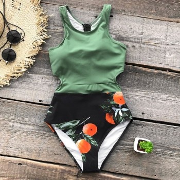 Green Miss U Print One-piece Swimsuit Women Tied Bow Cutout Tank Monokini White Black